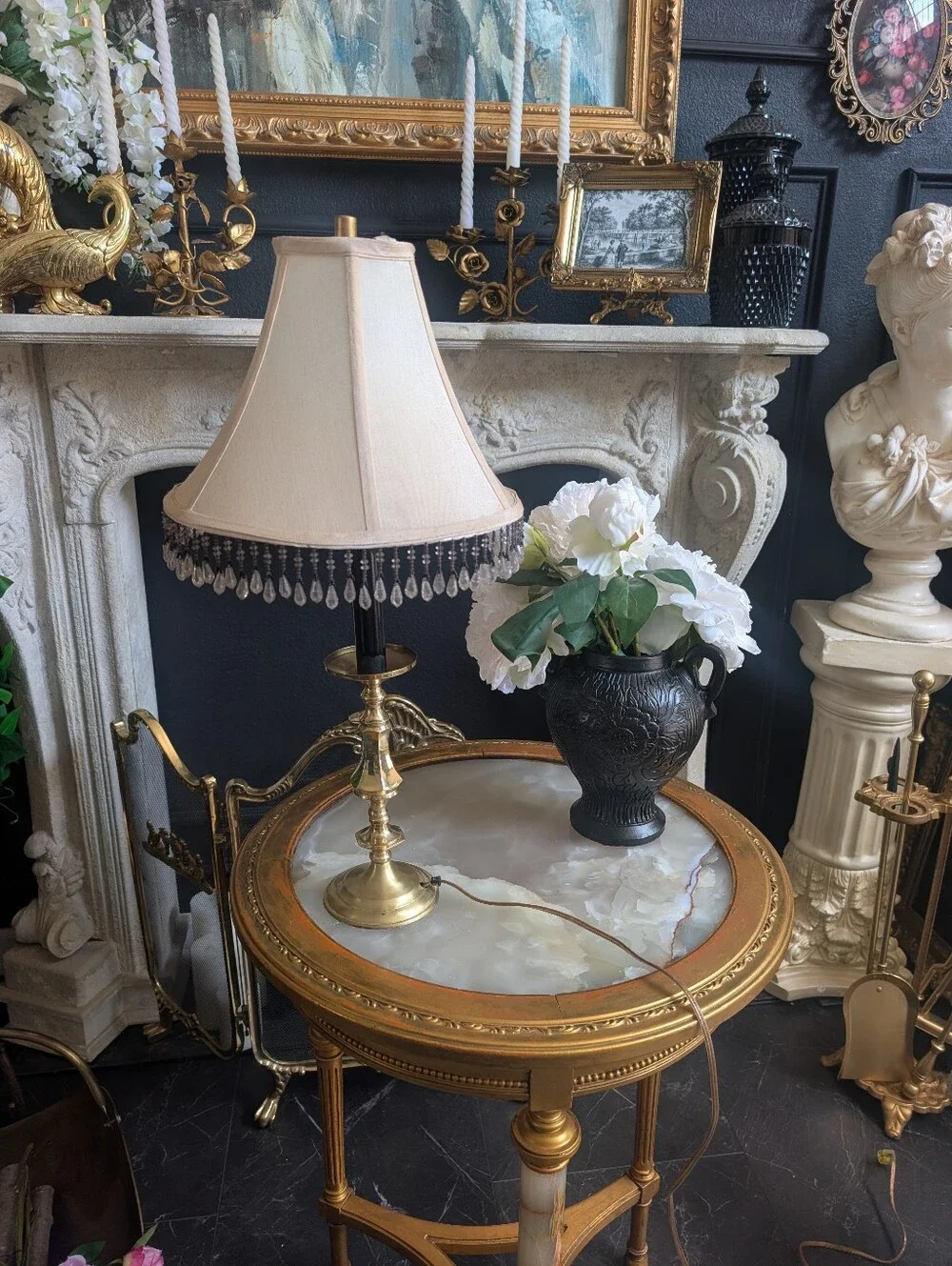 Vintage Brass MCM Hollywood Regency Candlestick Table lamp w/ beaded shade 23